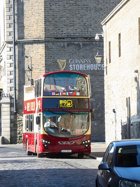 Hop on hop off bus near Guinness Storehouse in Dublin.