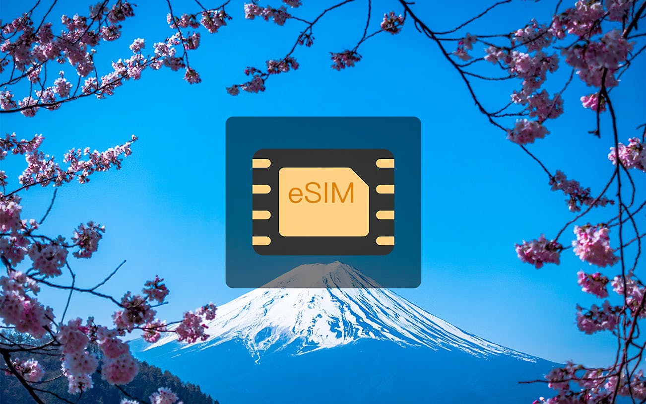 eSIM icon over Mount Fuji with cherry blossoms, Japan.