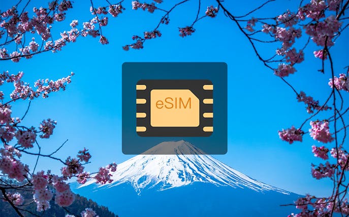eSIM icon over Mount Fuji with cherry blossoms, Japan.