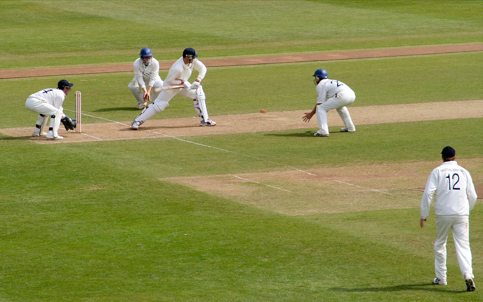 Cricket players in action during a match on a grassy field.