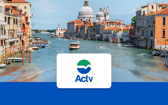 Vaporetto ACTV water bus on Venice's Grand Canal with passengers onboard.