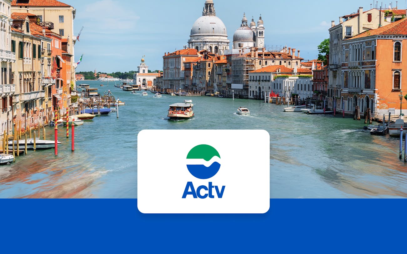 Vaporetto ACTV water bus on Venice's Grand Canal with passengers onboard.