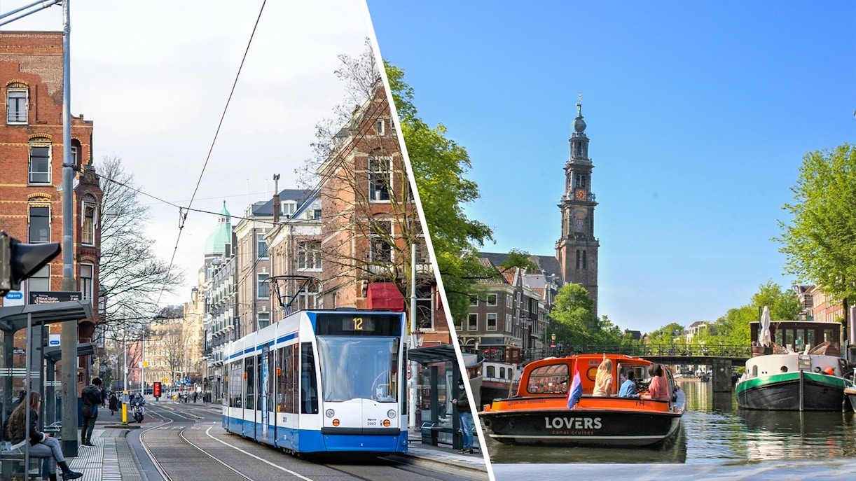 Amsterdam canal with sightseeing boat and historic buildings, related to GVB Public Transport Pass and 1-hour cruise.