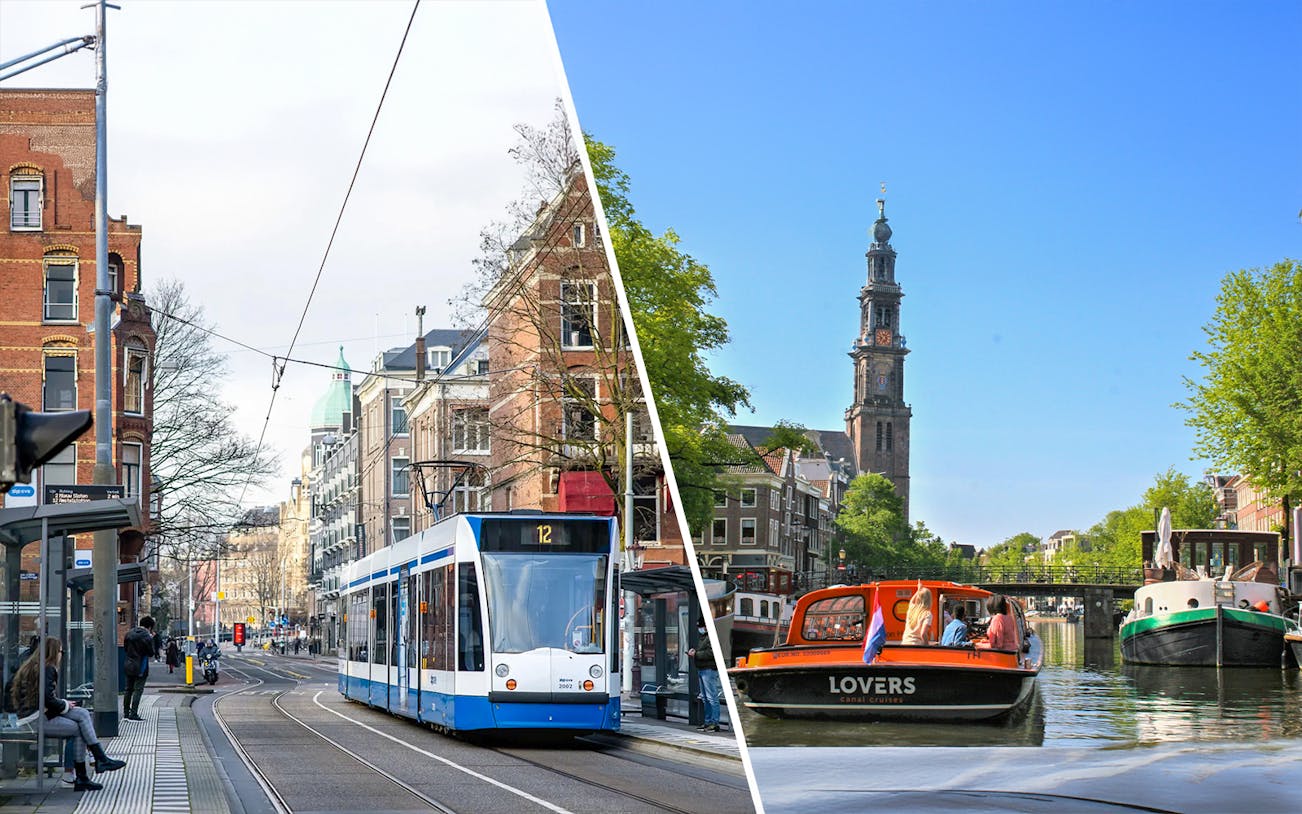 Amsterdam tram on city street and canal cruise boat near Westerkerk.