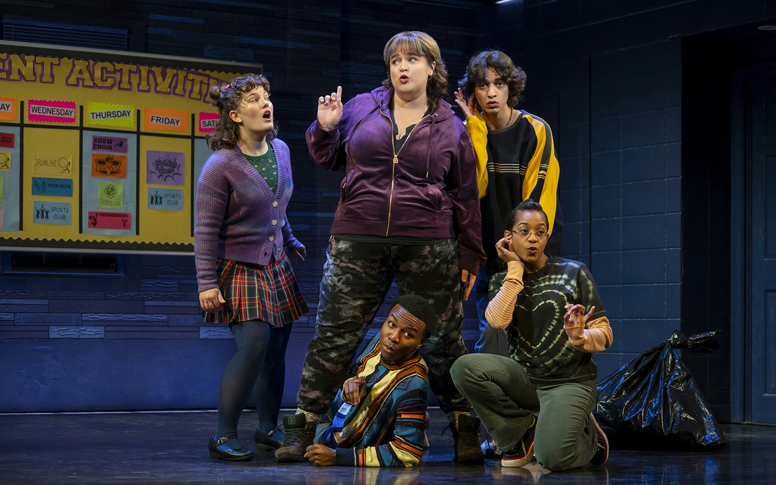 Group of actors performing a scene from the musical "Kimberly Akimbo" on stage.
