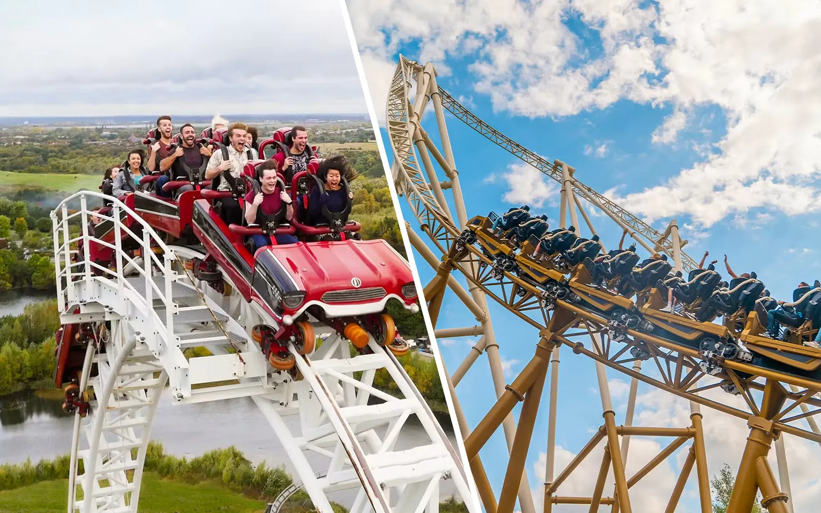 Roller coasters with riders at Thorpe Park, featuring scenic views and thrilling loops.