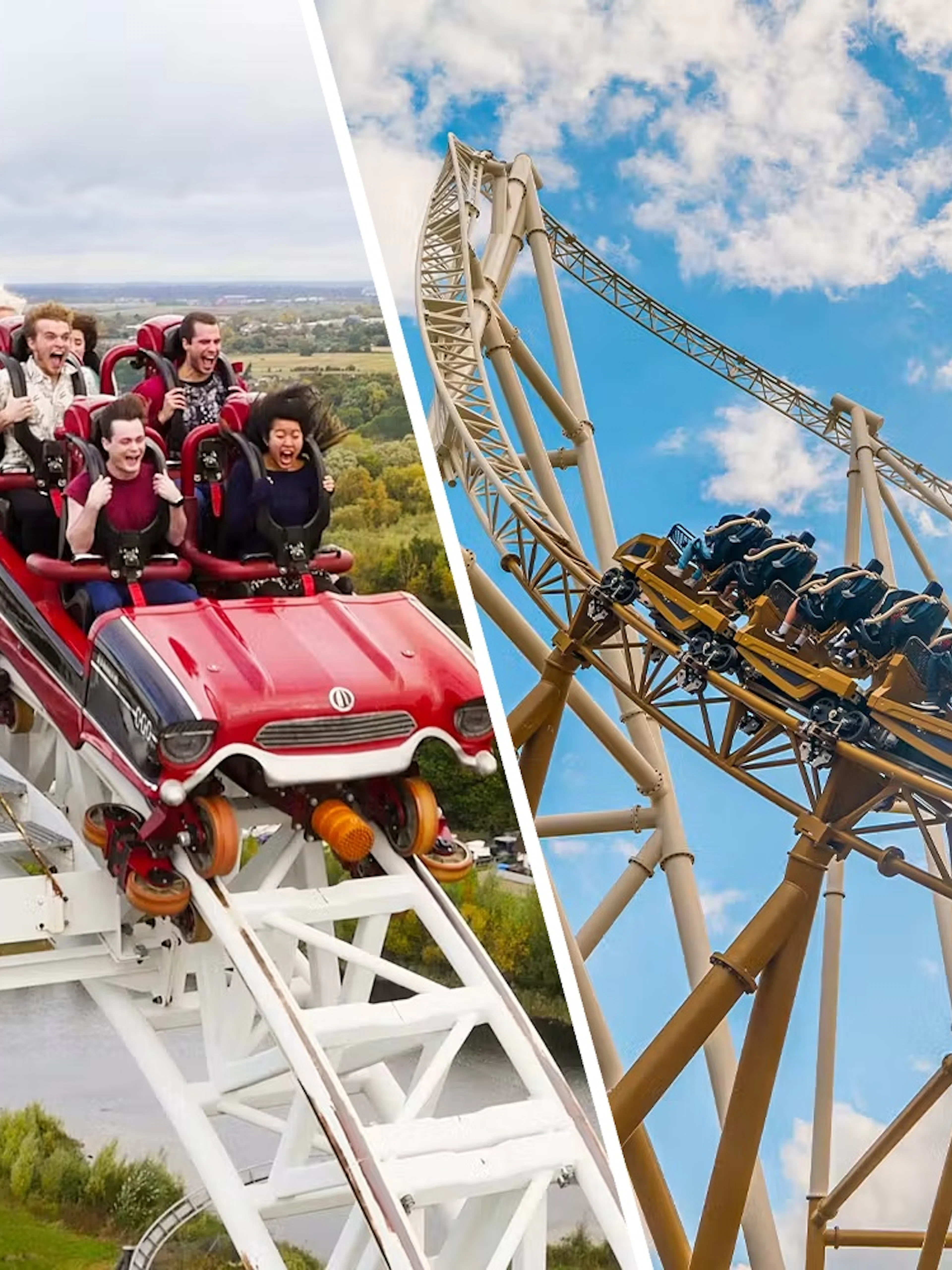 Roller coasters with riders at Thorpe Park, featuring scenic views and thrilling loops.
