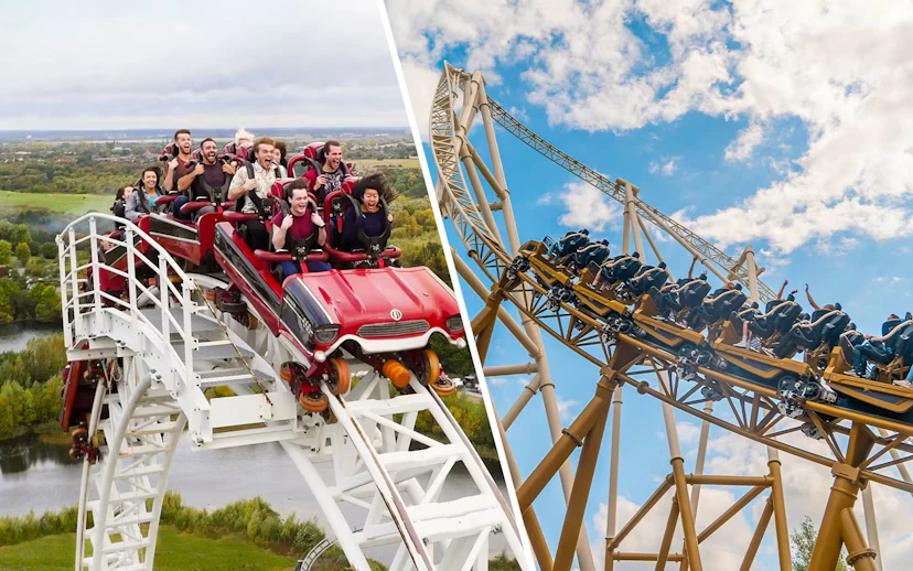 Roller coasters with riders at Thorpe Park, featuring scenic views and thrilling loops.