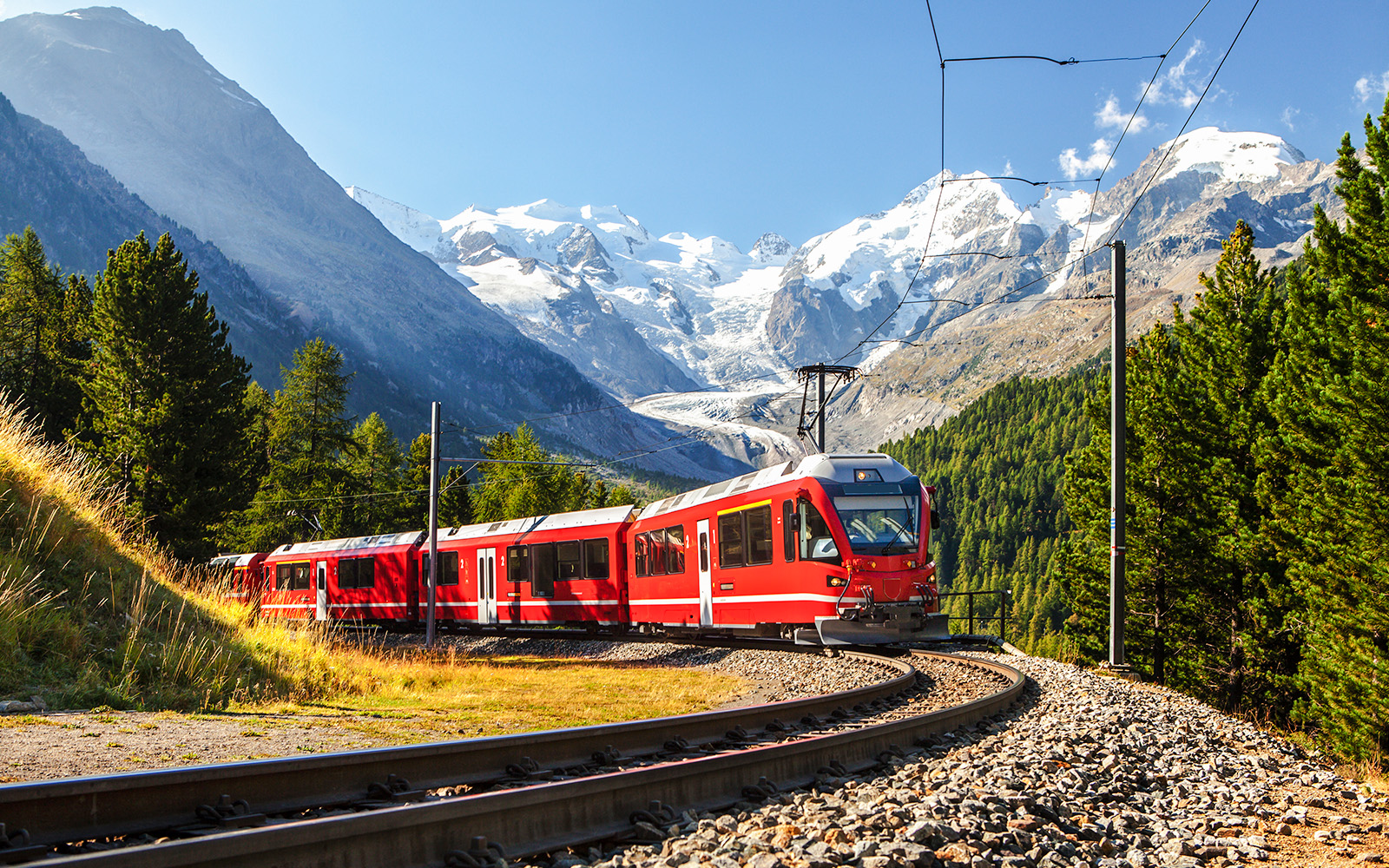Train arriving at the station in Filisur, Switzerland
