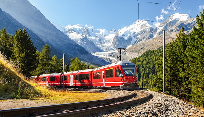 Train arriving at the station in Filisur, Switzerland