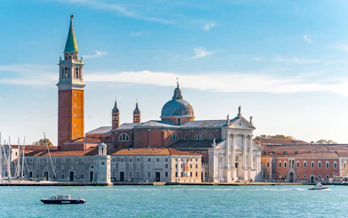 San Giorgio Maggiore island view from Grand Canal, Venice walking tour.