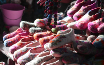Colorful felt slippers displayed at Eastern Market, Sharm El Sheikh Old Town.