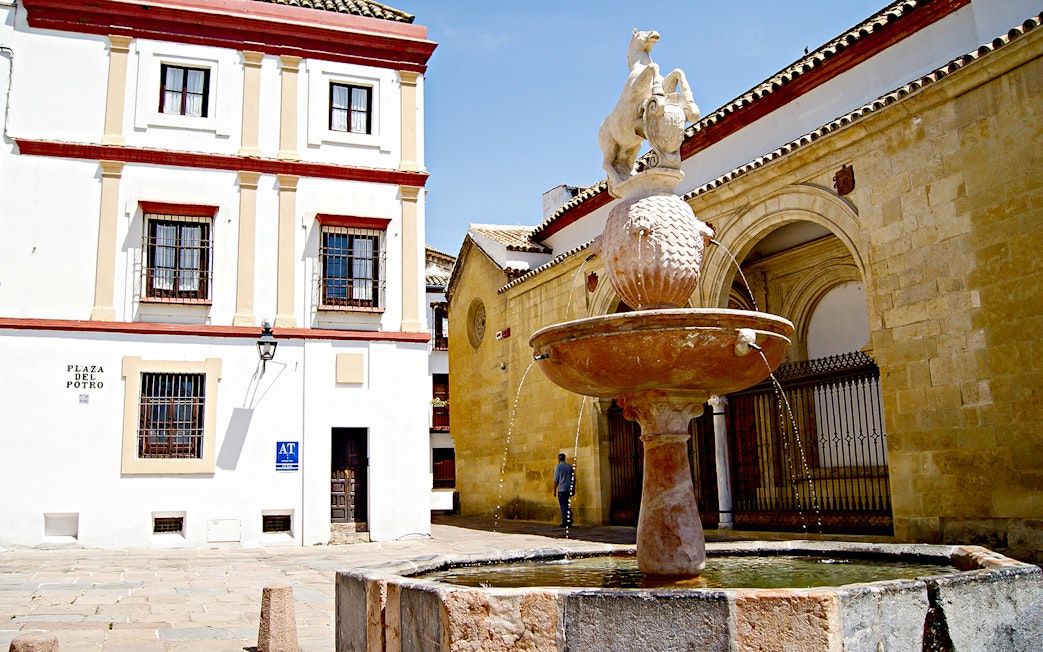 Fountain at Plaza del Potro in Cordoba, near the Mosque-Cathedral, during guided tour from Malaga.