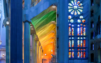 Stained glass windows and columns inside Sagrada Familia, Barcelona.