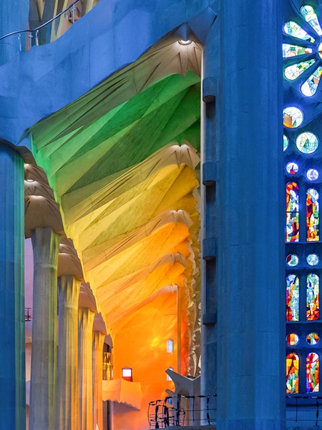 Stained glass windows and columns inside Sagrada Familia, Barcelona.