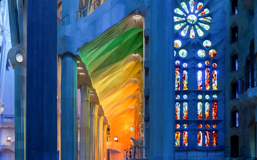 Stained glass windows and columns inside Sagrada Familia, Barcelona.