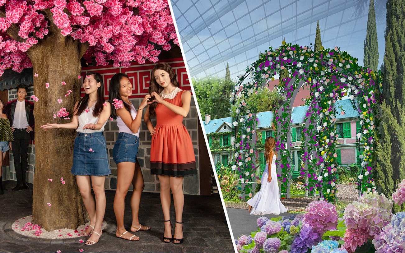 Women enjoying cherry blossoms and a woman walking under a floral arch in a garden setting.