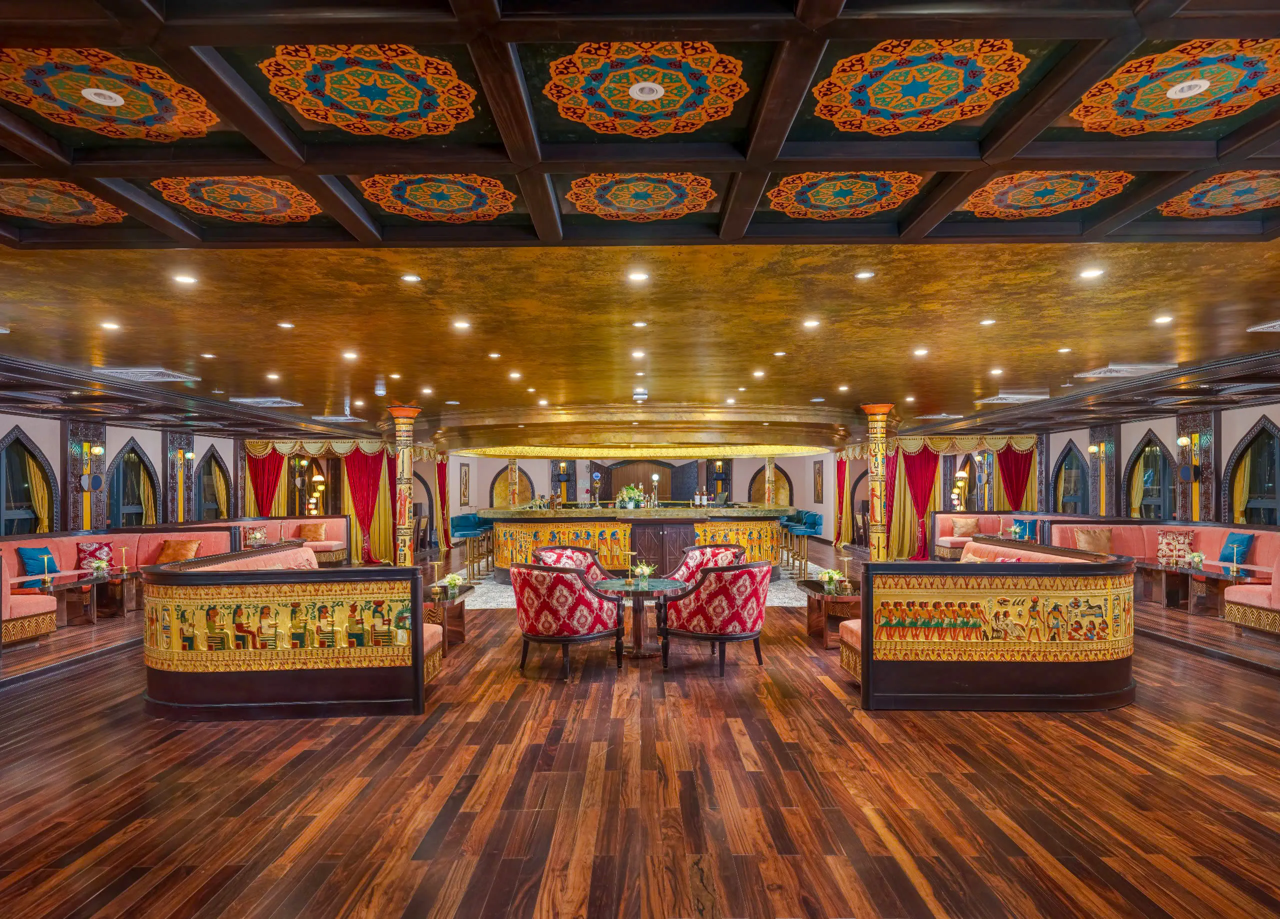 Luxurious interior of a cruise ship lounge with ornate decor in Ho Chi Minh City.