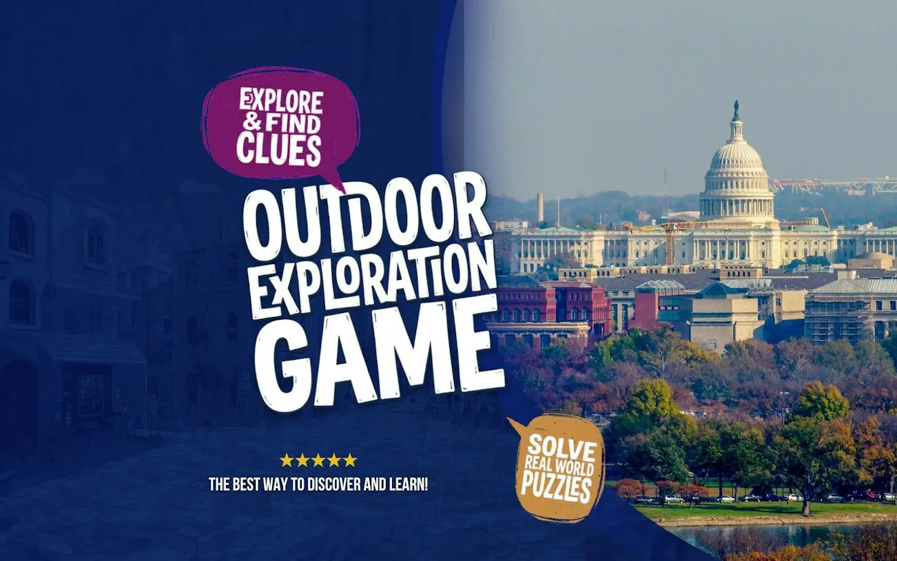 Outdoor exploration game in Washington DC with view of the Capitol building.