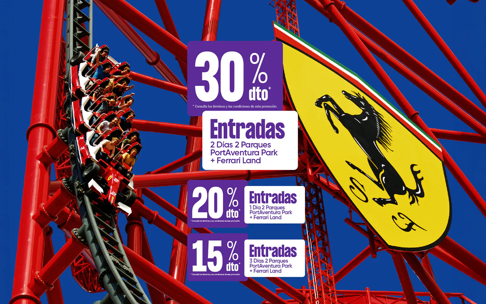 Roller coaster at Ferrari Land, PortAventura Park with discount offers displayed.