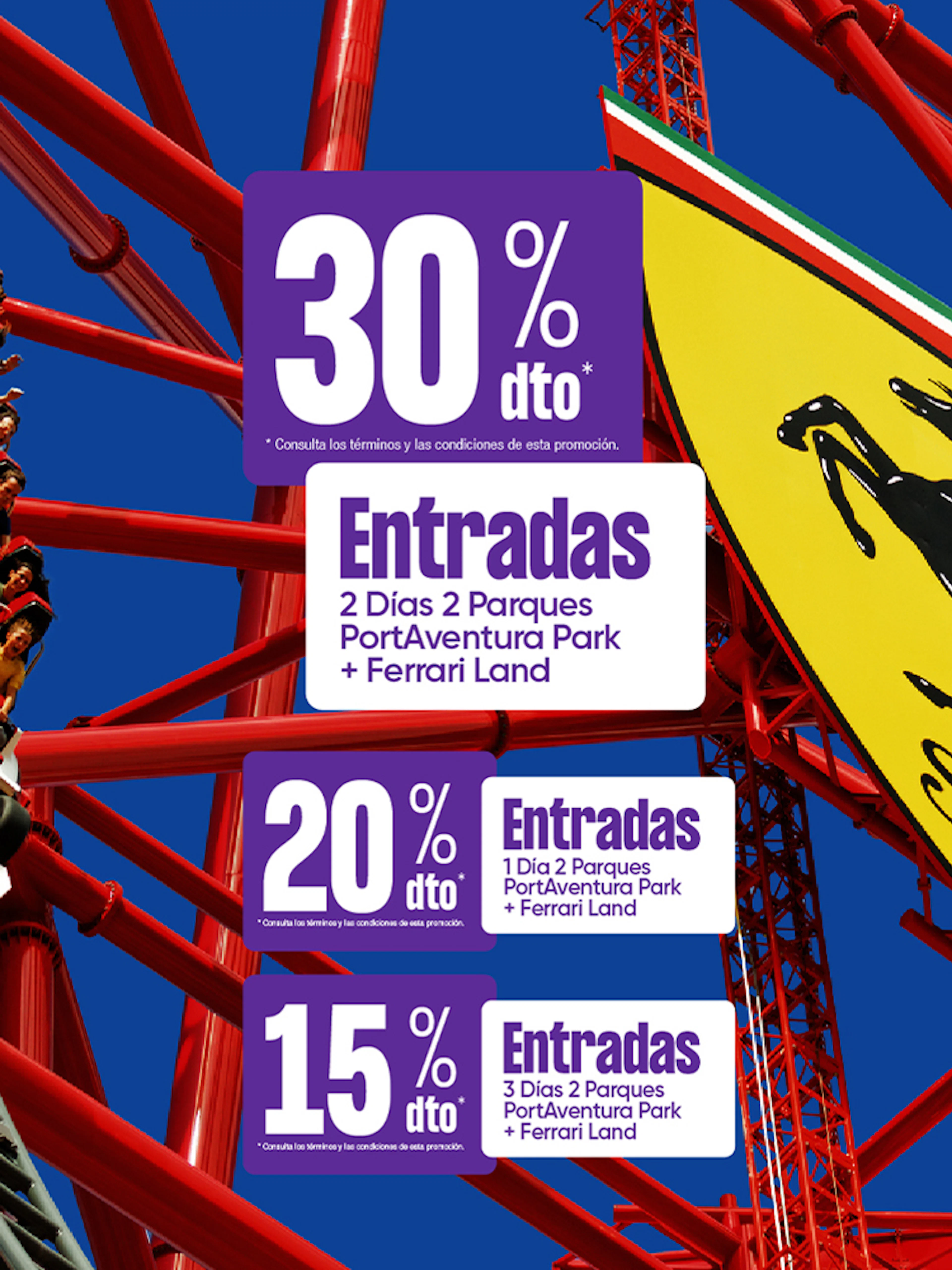Roller coaster at Ferrari Land, PortAventura Park with discount offers displayed.