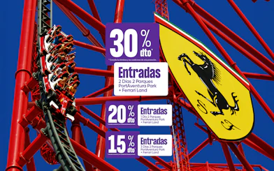 Roller coaster at Ferrari Land, PortAventura Park with discount offers displayed.