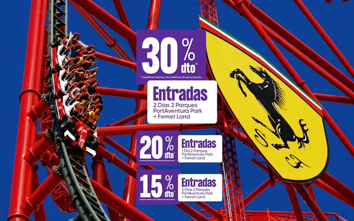 Roller coaster at Ferrari Land, PortAventura Park with discount offers displayed.