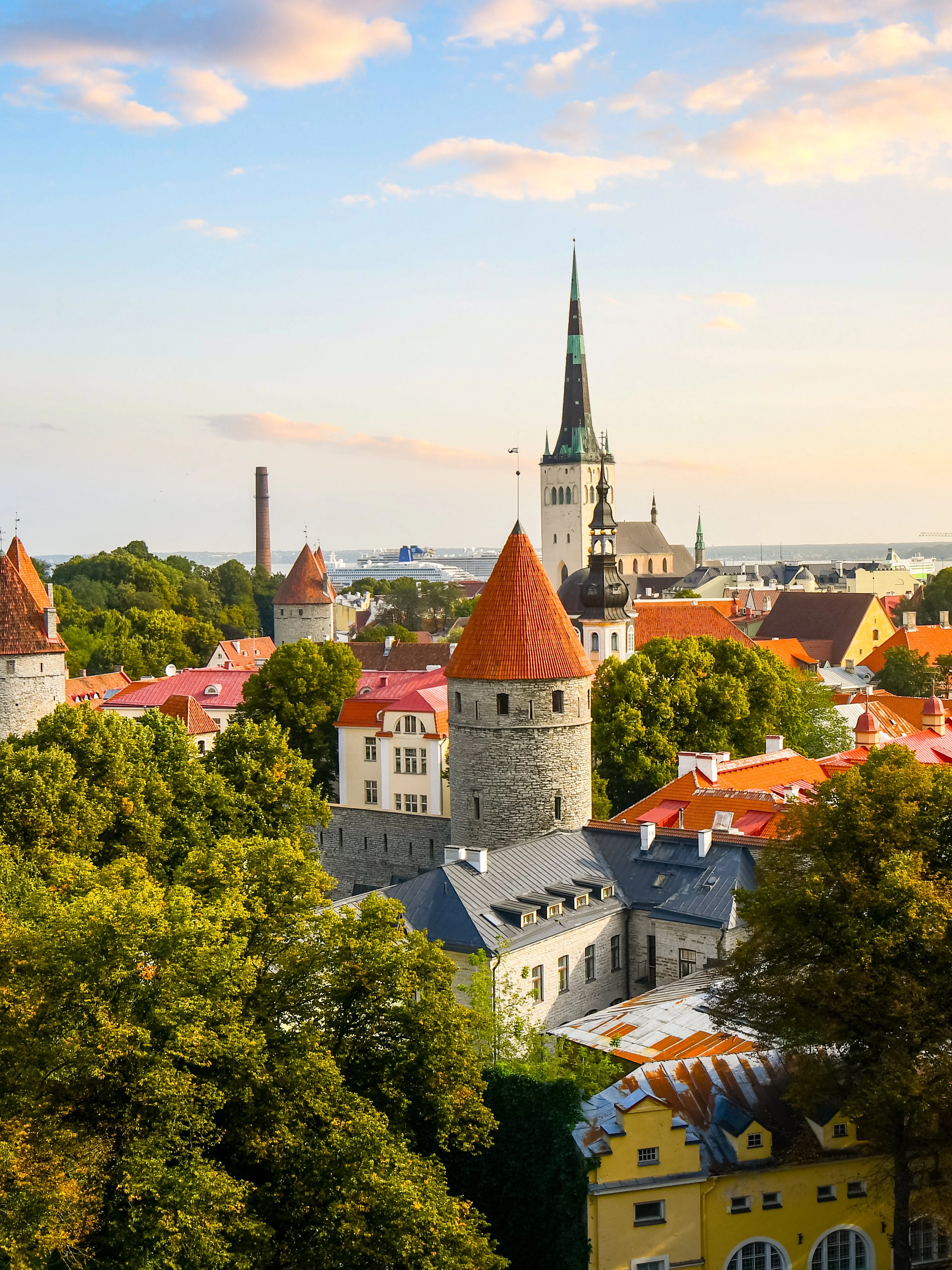 View from Toompea Hill of Tallinn's medieval walled city with red-roofed towers, Estonia.