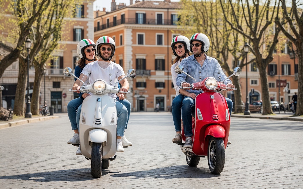 Couples riding Vespas on a cobblestone street in Rome.