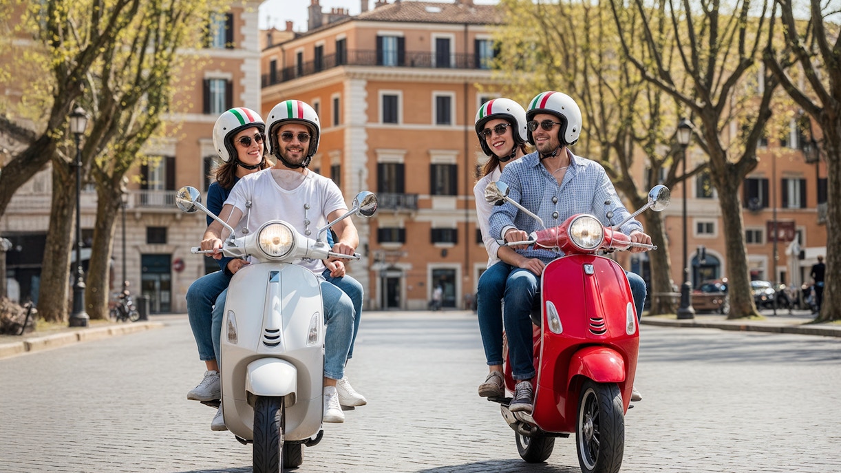 Couples riding Vespas on a cobblestone street in Rome.