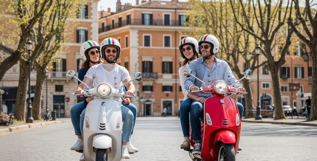 Couples riding Vespas on a cobblestone street in Rome.