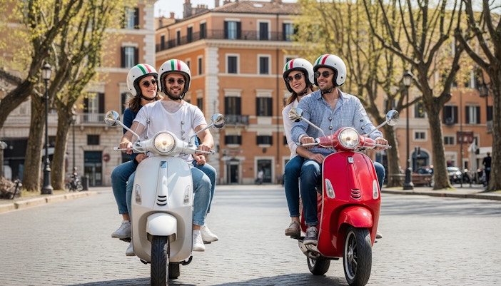 Couples riding Vespas on a cobblestone street in Rome.