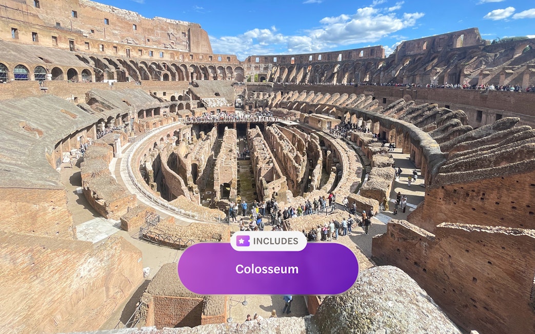 Colosseum interior view with tourists exploring ancient Roman architecture in Rome.