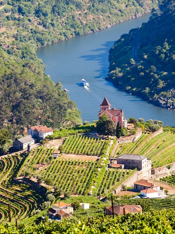 Vineyards and river in Douro Valley, Portugal, with a boat on the water.