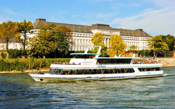 Gilles boat cruising past a historic building on the Middle Rhine Valley Castles & Palaces Boat Tour.