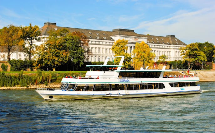 Gilles boat cruising past a historic building on the Middle Rhine Valley Castles & Palaces Boat Tour.
