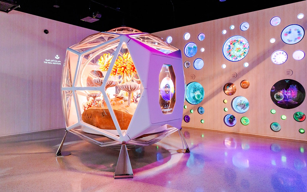Futuristic exhibit with colorful flora at Museum of the Future, Dubai.
