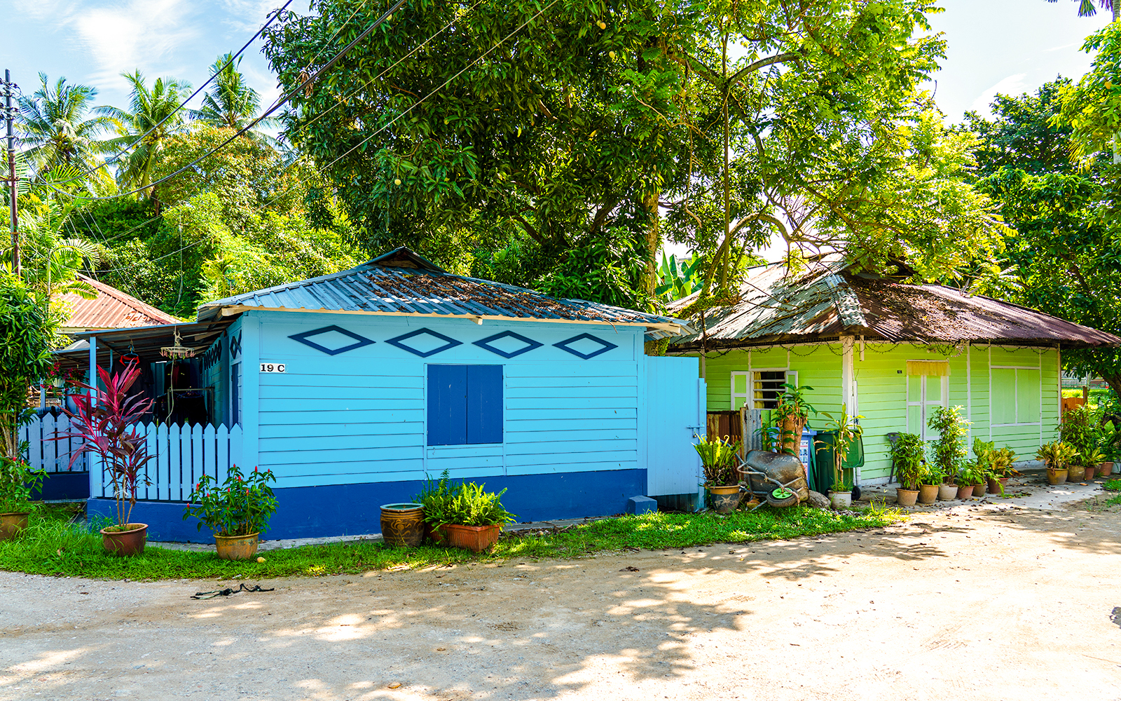 Traditional houses in Kampong Lorong Buangkok, Singapore, surrounded by lush greenery.