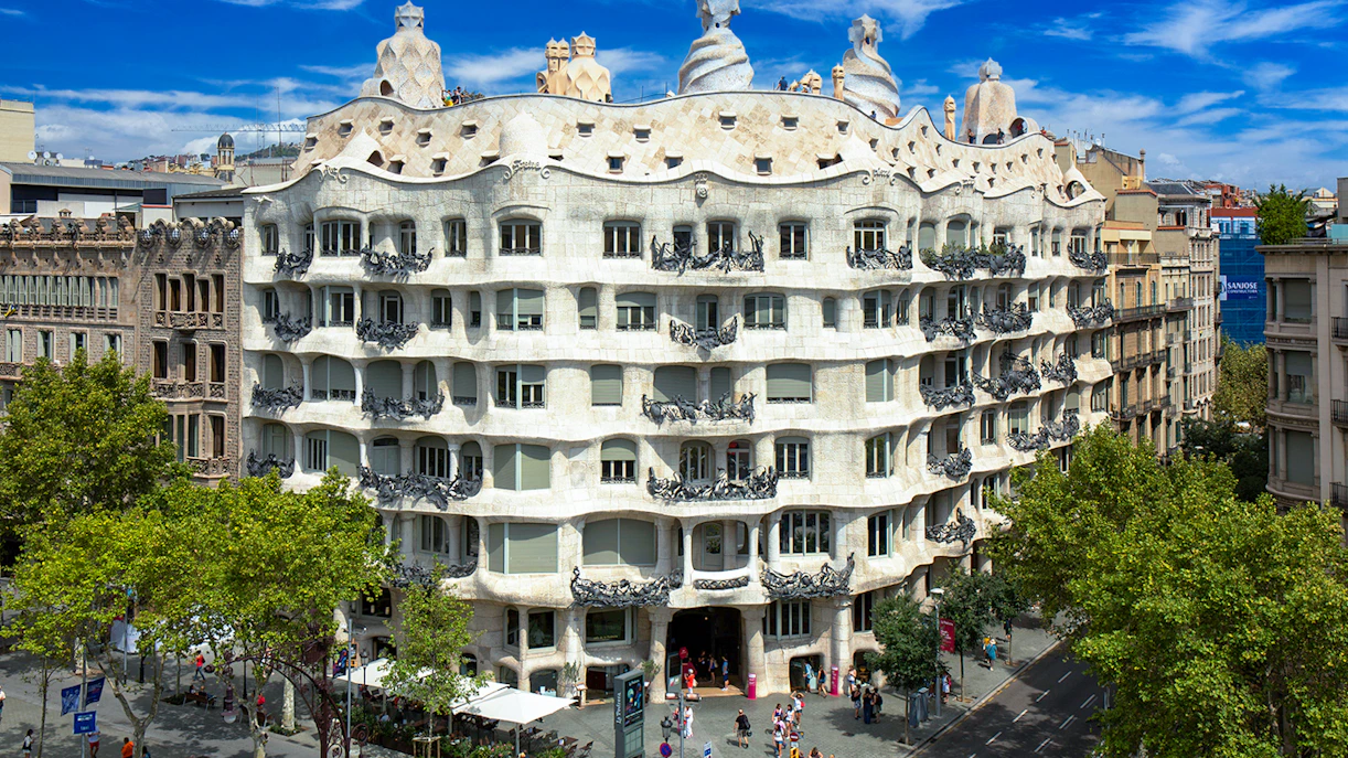 La Pedrera-Casa Milà in Barcelona, view of the unique facade and rooftop sculptures.