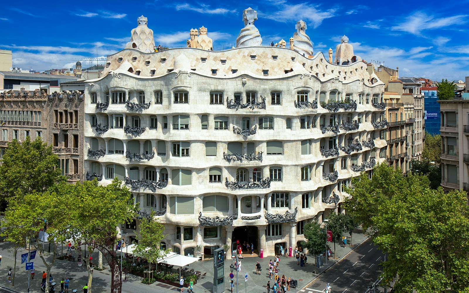 La Pedrera-Casa Milà in Barcelona, view of the unique facade and rooftop sculptures.