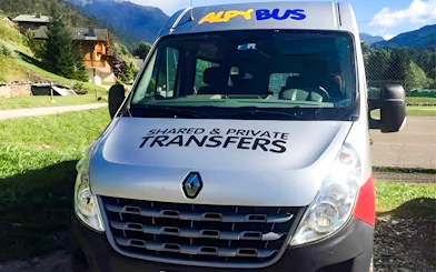 AlpyBus vehicle for transfers between Geneva Airport and Morzine bus terminal.