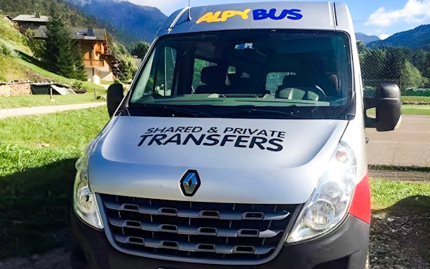 AlpyBus vehicle for transfers between Geneva Airport and Morzine bus terminal.