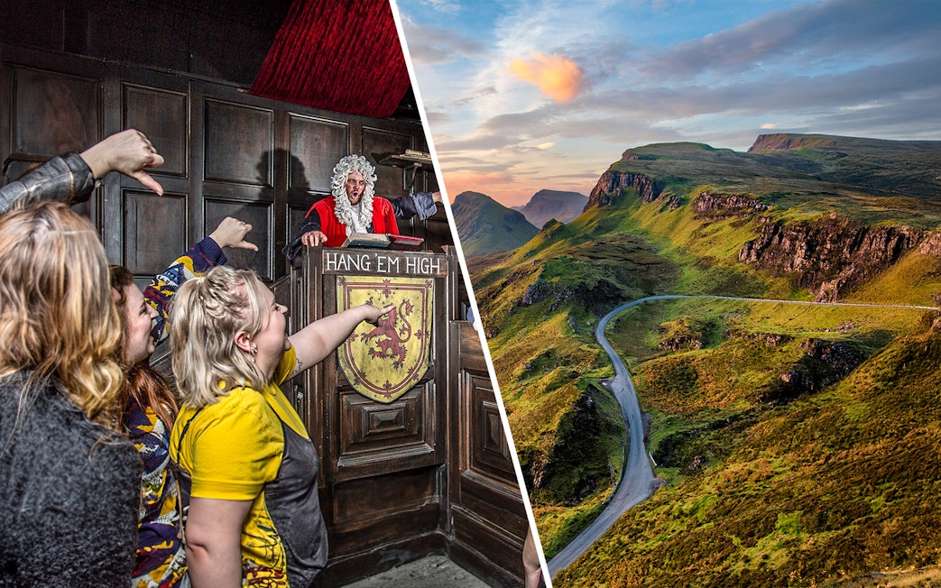 Judge in red robe at Edinburgh Dungeon courtroom exhibit with audience pointing.