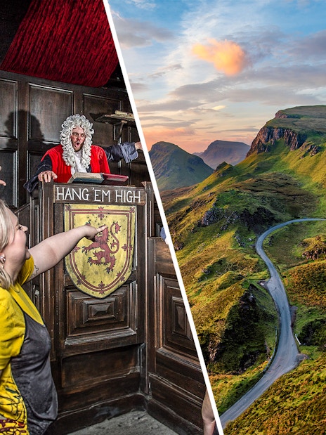 Judge in red robe at Edinburgh Dungeon courtroom exhibit with audience pointing.