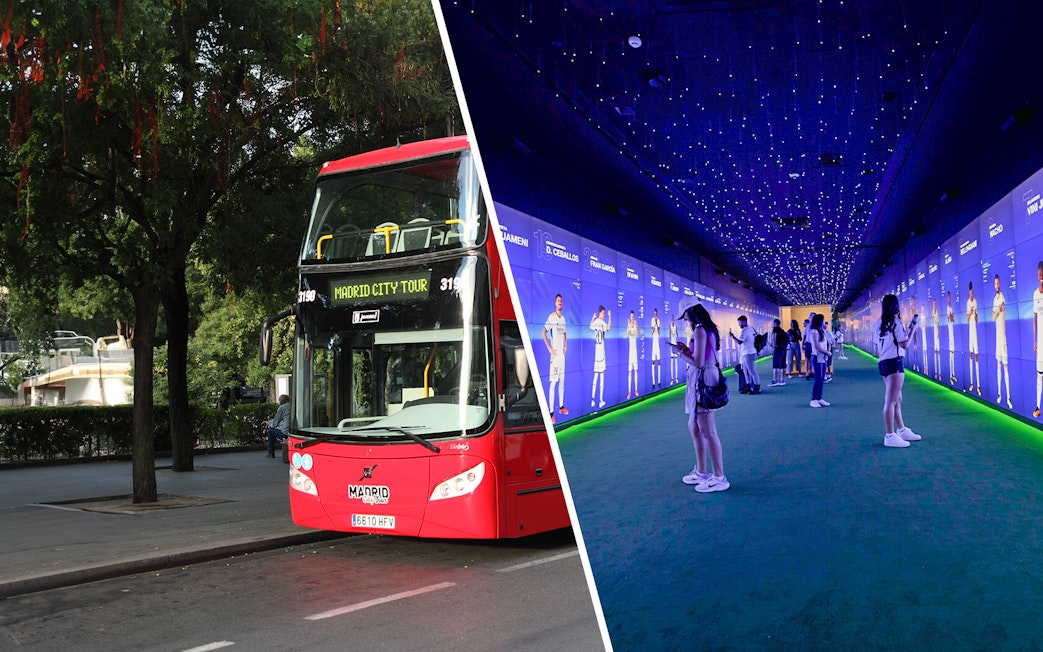 Madrid city tour bus and visitors at Santiago Bernabeu Stadium exhibit.