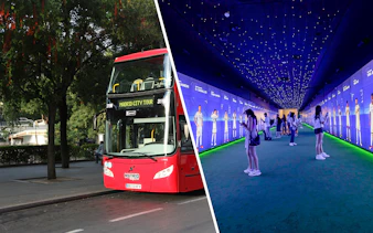 Madrid city tour bus and visitors at Santiago Bernabeu Stadium exhibit.