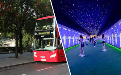 Madrid city tour bus and visitors at Santiago Bernabeu Stadium exhibit.