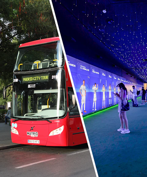 Madrid city tour bus and visitors at Santiago Bernabeu Stadium exhibit.
