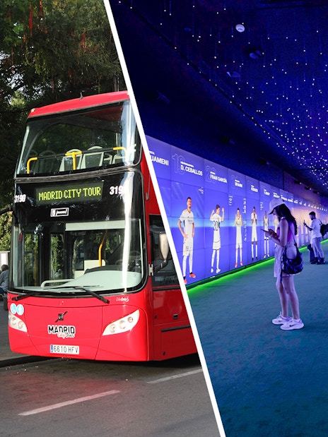 Madrid city tour bus and visitors at Santiago Bernabeu Stadium exhibit.