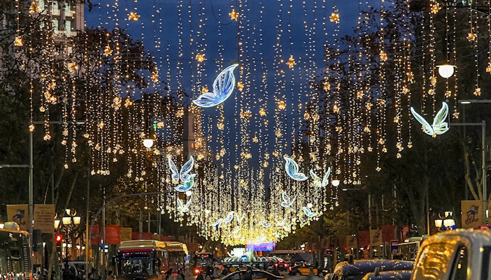 Passeig de Gràcia street view with decorations in Barcelona, Spain.